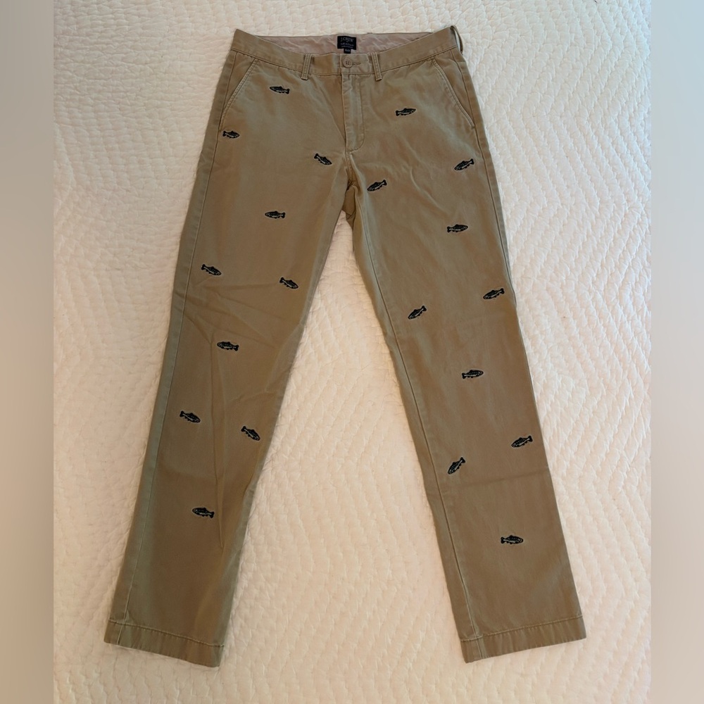 J. Crew Sutton Pants in Beige with Embroidered Green Bass
